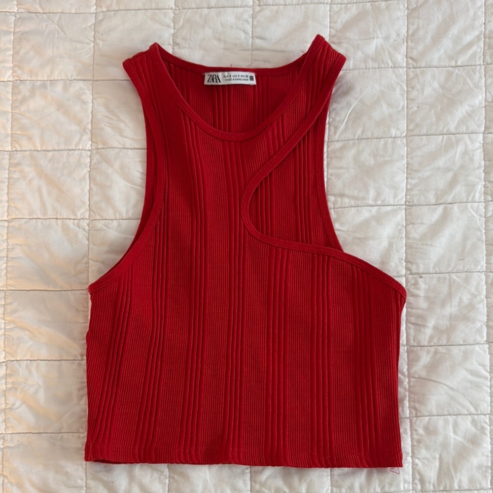 Zara Red Ribbed Cutout Tank Top